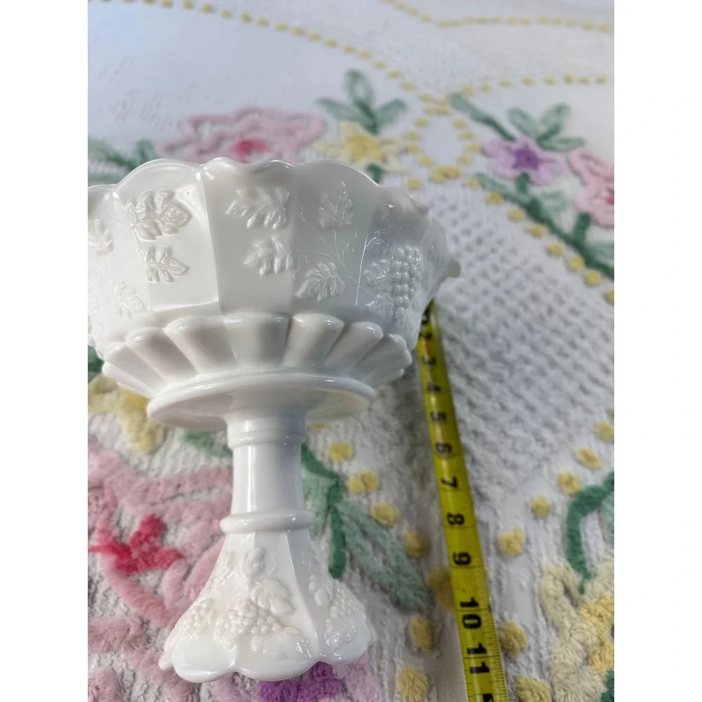 Westmoreland Milk Glass Paneled Grape Pedestal Bowl Scalloped Compote Candy Dish